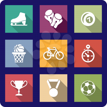 Colourful collection of flat sporting icons on different coloured backgrounds representing ice skates,boxing, bowls, basketball, cycling, racing, soccer, a trophy and a medal