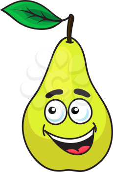 Happy grinning ripe pear fruit with a toothy smile and single green leaf, cartoon illustration isolated on white