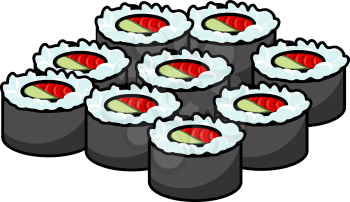 Serving of delicious seafood sushi wrapped in rice and seaweed for healthy Japanese cuisine, cartoon illustration