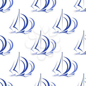 Seamless pattern of blue sailboats or yachts at sea with billowing sails in square format suitable for nautical wallpaper or textile