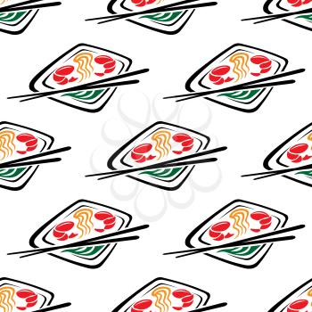 Japanese seafood cuisine seamless pattern with a plate with prawns or shrimps and chopsticks in square format