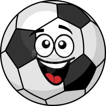 Goofy black and white soccer ball with a big happy toothy smile, cartoon illustration isolated on white