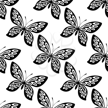 Black and white ornate seamless butterfly pattern of flying butterflies in square format for wallpaper and fabric design