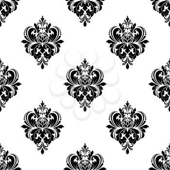 Seamless black and white floral arabesque pattern with damask style motifs suitable for wallpaper and fabric design