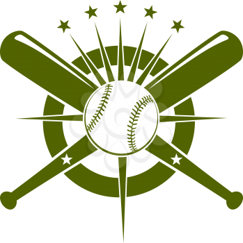 Baseball championship icon or emblem with a ball and crossed bats on a circle with radiating stars in olive green on white