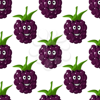 Cute happy blackberries seamless pattern with a repeat motif of a smiling purple blackberry with a colourful green stalk in square format