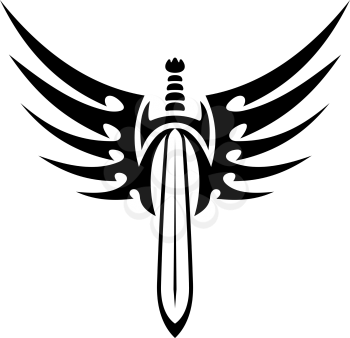 Black and white vector illustration of a winged sword with stylised outspread feathers for tribal tattoo design