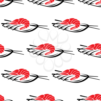 Seamless repeat pattern of a doodle sketch of a red grilled prawn on a plate with chopsticks in square format, vector illustration isolated on white