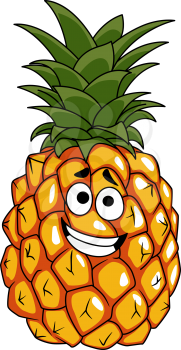 Happy golden tropical pineapple with a wide toothy smile and green leaves on top, cartoon illustration