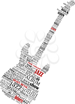 Electric guitar shape composed of text relating to music, jazz and audio for musical design