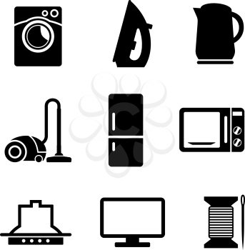 Set of black and white kitchen and home appliances  icons including a vacuum cleaner, kettle, iron, fridge, microwave oven needle and cotton, television and washing machine