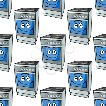Seamless pattern of a cartoon kitchen electric stove with a happy smiling blue face in square format