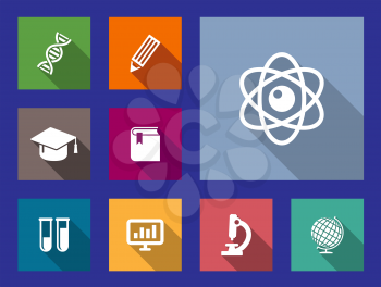 Set of flat education, research and science icons on colorful web buttons depicting DNA, pencil, atoms, mortarboard cap, test tubes, computer graph, microscope and globe