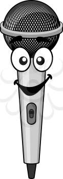 Smiling cartoon microphone with big googly eyes and a happy smile isolated on white