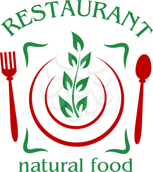 Natural food restaurant icon or emblem with a place setting with cutlery and a plate serving a spray of fresh green leaves with the text above and below
