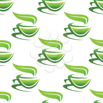 Steaming cups of organic green tea in a seamless pattern in square format for beverage design