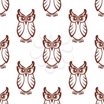Seamless brown and white background pattern of a wise old owl with big eyes in square format suitable for wallpaper or fabric design