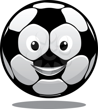 Happy smiling soccer ball with a hexagonal black and white pattern and a bouncing shadow, cartoon illustration