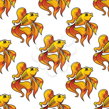 Seamless pattern of colorful golden ornamental goldfish with long fins and tails suitable for textile, tiles or wallpaper, square format
