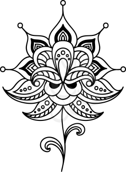 Calligraphic black and white vintage floral design element with a bold flower head and small leaves in persian style