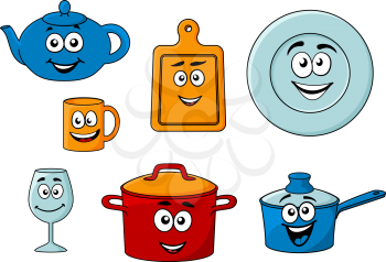 Collection of cartoon kitchenware with a teapot, bread board, plate, mug, wineglass, pot and saucepan isolated on white