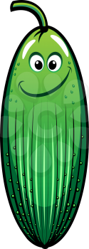 Smiling colorful green cartoon cucumber vegetable with a lopsided grin isolated on white