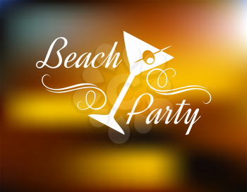 Beach Party Poster with a tilted cocktail glass with a cherry and text with swirls - Beach Party - on a background with a festive blurred golden glow