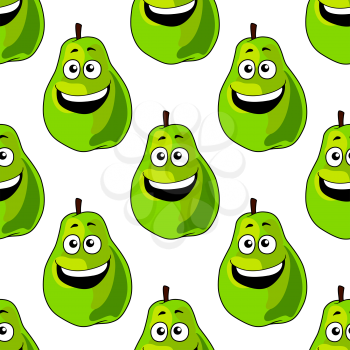 Seamless background pattern of happy green pears with a single repeat motif with a big joyful toothy smile in square format suitable for textile or wallpaper design