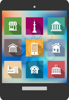Architectural flat icons of hospital, shop, TV tower,  temple, garage, factory, skyscraper, house and warehouse displayed on a tablet screen