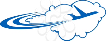 Stylized silhouette of an airplane flying through clouds on a curved trajectory depicting air travel