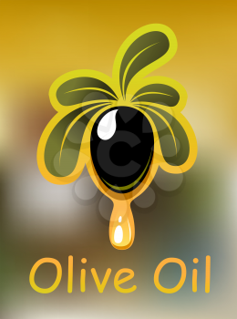 Olive oil poster or card design with a single ripe black olive on a leafy twig dripping golden oil and the text for vegetarian food design