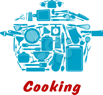 Cooking icon with kitchen utensil design elements formed into the shape of a pot or saucepan with a variety of different cooking utensils and kitchenware in blue silhouette