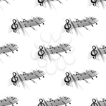 Music score and notes background seamless pattern with a short stave with a clef and section of musical notes in a repeat motif