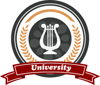 Art University emblem with beige colored laurel wreath, musical instrument and the word University on red colored ribbon isolated over white background in horizontal format