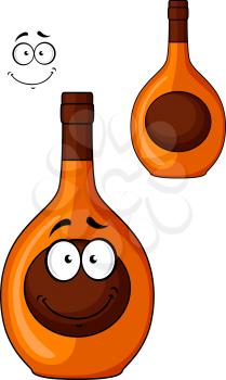 Brown cartoon liqueur bottle with a smiling face on the label and a second variation without the face, isolated on white
