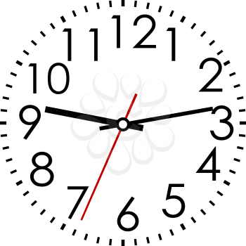 Round clock face with Arabic numerals and hour, minute and second hands in a black and white