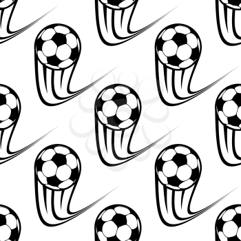 Seamless black and white pattern of speeding soccer balls with upward motion trails in square format