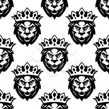 Seamless pattern of the head of a Royal lion wearing a crown in a repeat motif suitable for heraldry design
