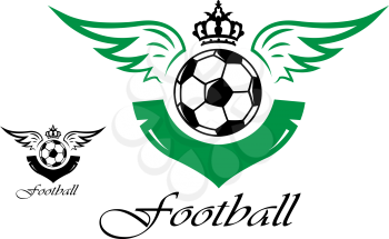 Football or soccer symbol with crown, wings and text for sports design