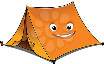 Cheerful cartoon orange tent with open front flaps and a smiling face on the side, vector illustration isolated on white
