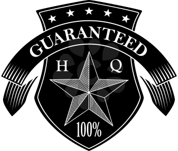 Retro guarantee label in black and white colors with vintage stars and ribbons