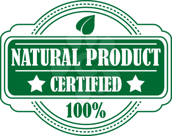 Guarantee label certifying a Natural Productin a circular green cartouche with the text - Natural Product Certified - and a 100 percent guarantee
