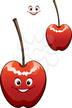 Happy ripe red cherry with a smiling face and long stalk with a second variant with no face and the smile element separate, isolated on white
