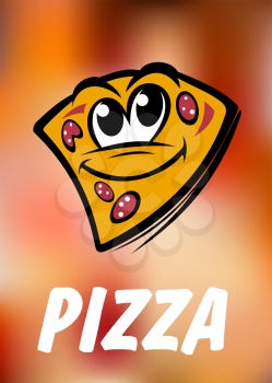 Funny cartoon pizza slice on colorful background and text for fast food or pizzeria design