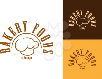 Bakery shop emblem or label with the text - Bakery Foods - arched over a traditional chefs toque in three different color variations on white brown and beige backgrounds