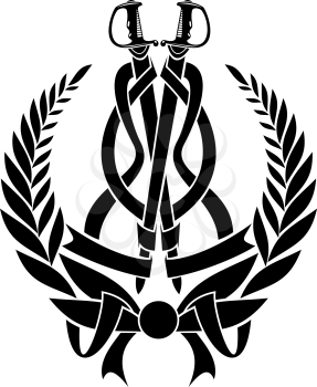 Black color foliate laurel wreath with ornate swirling ribbons and long knight swords in a symmetrical pattern isolated over white background