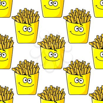 Smiling takeaway packets of French fries in a yellow seamless background pattern in square format
