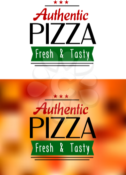 Authentic pizza labels isolated on white and on colorful background for fast food or pizzeria menu design