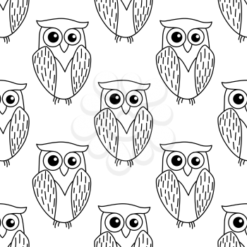 Cute little owl seamless background pattern in a dainty outline doodle sketch in black and white in square format