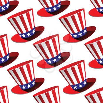 Patriotic American top hat seamless pattern with a colorful top hat decorated with the stars and stripes in square format suitable for wallpaper, tiles or fabric